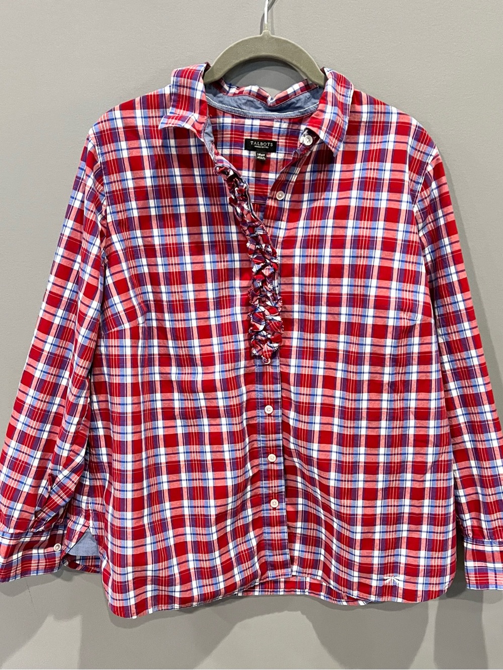 Talbots 14W Petite Red White Blue Plaid Ruffle Front Roll Tab Shirt